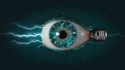 Wall Mural - lightbulb with realistic eye and broken glass is emitting light beams in the outer space, representi