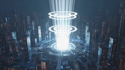 Wall Mural - powerful white energy beam charging a futuristic cityscape, illuminating towering skyscrapers at nig