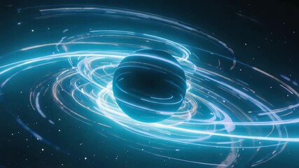Wall Mural - bright cyan rings orbiting and rotating around a dark planet create a mesmerizing cosmic scene in th