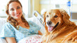 © Elena - Smiling woman in hospital bed with golden retriever dog providing comfort and companionship