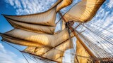 Full sails of a historic ship against a vibrant sky