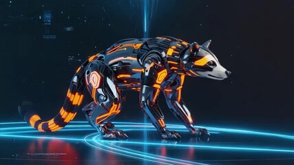 Wall Mural - robotic raccoon with glowing orange details standing on a reflective surface in a dark futuristic en