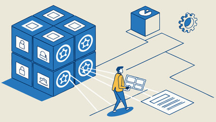 Isometric Cube Structure with Icons and Data Flow Illustration.