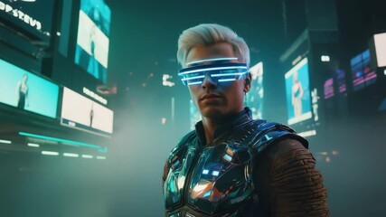 Wall Mural - cyberpunk man wearing futuristic neon glasses and metal armor stands in virtual reality surrounded b
