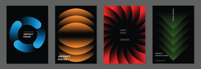 Wall Mural - Modern gradient poster on dark background vector set. Cover template with blue orange red green geometric shape different. Modern Design for wall art, flyers, brochures, covers and web banners.