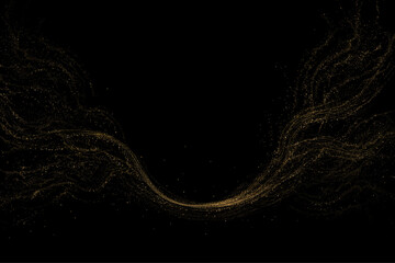 Wall Mural - Gold exquisite wavy shape from small isolated tinsel on black background.