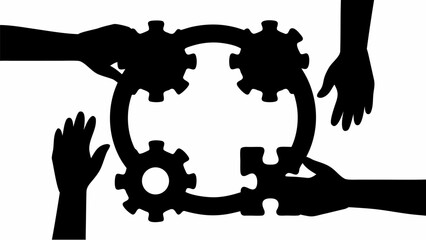 Hands collaborating to connect gears and a puzzle piece in a circular formation representing teamwork silhouette