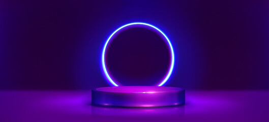 Wall Mural - game product podium with glowing neon ring and cylindrical platform illuminated by blue light on pur