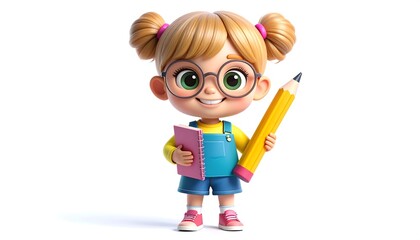 Cute 3D cartoon girl student with glasses holding a big pencil and notebook. Back to school or education concept isolated on white.