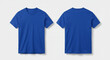 © NFS Studio - Blank blue t-shirt mockup, front and back view. Plain cotton tee shirt template isolated on a light gray background.