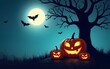 © li - Halloween vertical banners showing smiling pumpkins, bare tree and bats flying in the moonlight. High quality