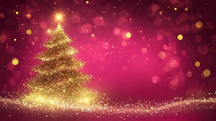 Wall Mural - golden glittering shiny christmas tree on pink background animation