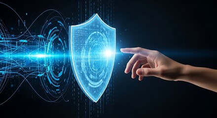Hand interacting with digital shield and binary code on a dark background