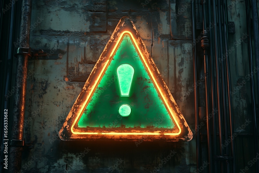 Neon danger warning sign with exclamation mark on dark background ...