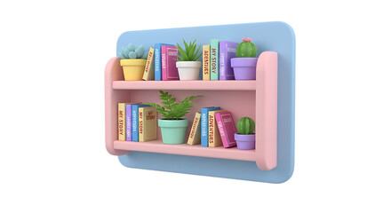 Colorful wall shelf with plants and books isolated on transparent background for creative interior design use