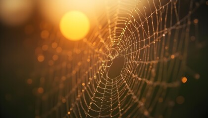 macro photography of dew drops on spiderweb at golden hour, bokeh background, hyperdetailed