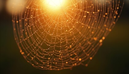 macro photography of dew drops on spiderweb at golden hour, bokeh background, hyperdetailed