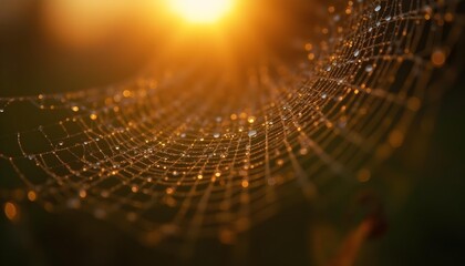 macro photography of dew drops on spiderweb at golden hour, bokeh background, hyperdetailed