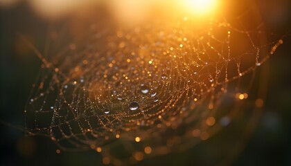 macro photography of dew drops on spiderweb at golden hour, bokeh background, hyperdetailed
