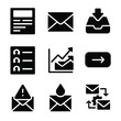 © Влада Яковенко - Email Marketing Icons. Solid, filled icon set of email marketing tools: newsletter icon, envelope, inbox tray, subscriber list,