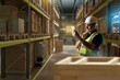© Grispb - Man warehouse worker. Storekeeper with electronic tablet. Warehouse specialist at work. Industrial hangar with storage racks. Man warehouse manager thought. Storekeeper in uniform scratching his chin