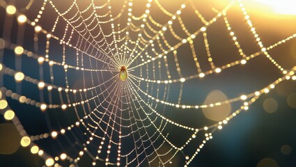 dewdrops on a spider web at sunrise, shimmering light, ultra high detail, natural bokeh background