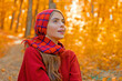© Volodymyr - Autumn Woman Portrait In Fall Yellow Leaves, Pretty Girl in Autumn Park Outdoor. October Season. Woman Fashion Model with Fall Maple Leaf Outdoors. Autumn Romantic Girl in Autumnal Mood.
