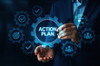 © ParinApril - Action plan concept with business person holding pen and digital gear icons in dark background