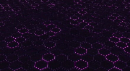 Wall Mural - Abstract Hexagon Grid with Glowing Purple Edges, Dark Futuristic Design.
