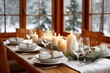© Lubos Chlubny - Christmas table setting with burning candles and falling snow outside window
