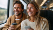 © D-stock photo - Image of a happy young loving couple man and woman traveling by train using mobile phone.