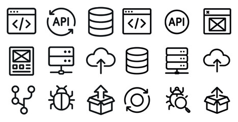 Programming and development outline icons set – linear, coding, digital tools