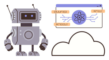Robot beside programming interface with atomic design, displaying code snippets and cloud icon. Ideal for AI, technology, programming, innovation, automation, robotics, simple flat metaphor