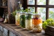 © matucha12 - Mason jars with homemade fermented vegetables and fresh herbs on windowsill, healthy eating