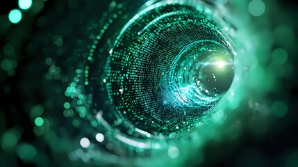 Digital tunnel with glowing binary code and particles in turquoise green colors creating futuristic cyber pathway effect against dark background.