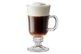A glass Irish coffee in a footed glass mug.  A rich, dark brown coffee, topped with a layer of thick, white whipped cream