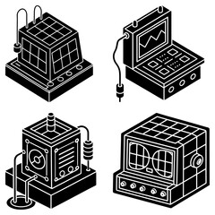 Isometric illustration of four retro science lab devices with screens and various buttons and knobs