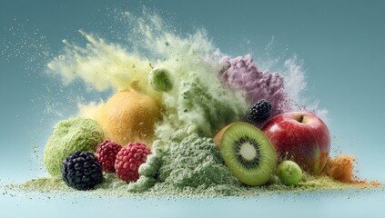 Colorful fruits exploding in a powder explosion