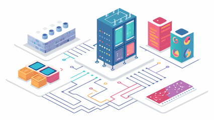 Isometric Illustration of Data Centers and Connected Network Architecture