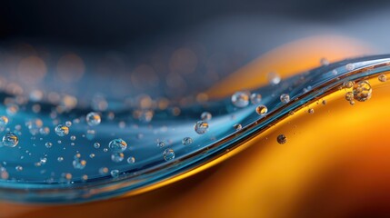 Abstract fluid wave with water droplets, vibrant colors, and bokeh
