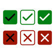 © AnupKumar - Vector illustration of green check mark and red cross icons inside square boxes, representing correct, wrong, approval, rejection, yes, no, success, failure, confirm, and error.