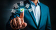 © Muin - Businessman in a blue suit interacting with a digital interface, selecting a document icon with a checkmark, representing successful data management and workflow completion