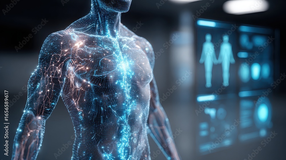 Digital Body Background Digital human body with glowing network connections and medical ...