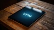 © Awais - Tablet displaying vpn on a wooden surface with a dark background and soft lighting in a close up shot