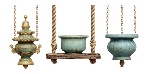 Vintage Decorative Vessels on Swinging Ropes Isolated on Transparent Background