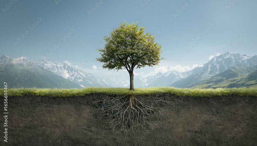 Single tree with extensive roots, against a backdrop of mountains Stock ...