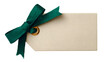 © 3D Demo Stock - blank tag with dark green ribbon string isolated on white background, HD realistic