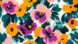 Vibrant floral pattern with pink, purple and orange pansies scattered on white background with teal leaves creates seamless repeat design for fabric and wallpaper.