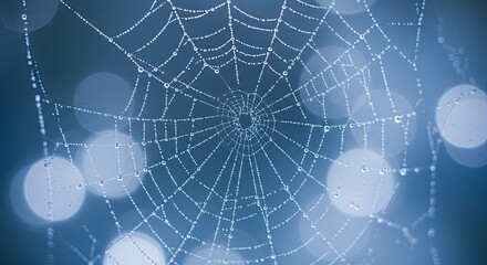 Dew-Kissed Spiderweb: Intricate Design Against Soft Blue Bokeh Backdrop