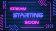 © Hasti - stream starting soon neon lights text and border frame on blue brick wall, streaming and broadcasting social media design element